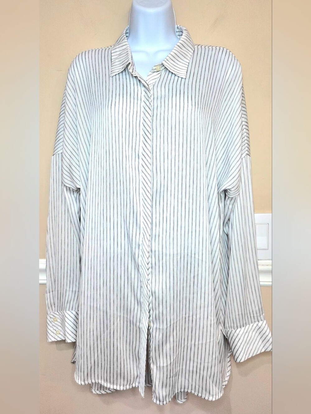 Worthington Women's Black & White Striped Long Sleeve Button Down Tunic Blouse X